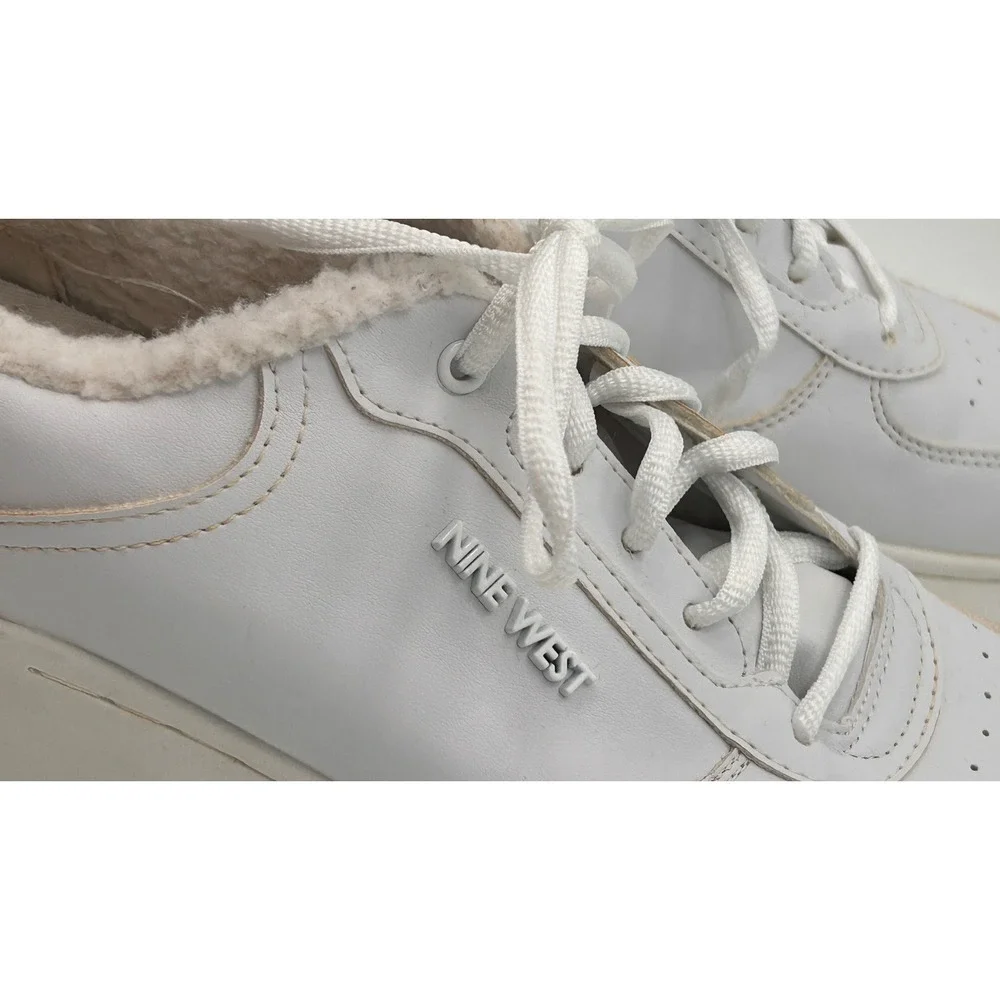 Nine West Womens Cuddly Lace Up Sneakers Size 11 White Lined Leather Look